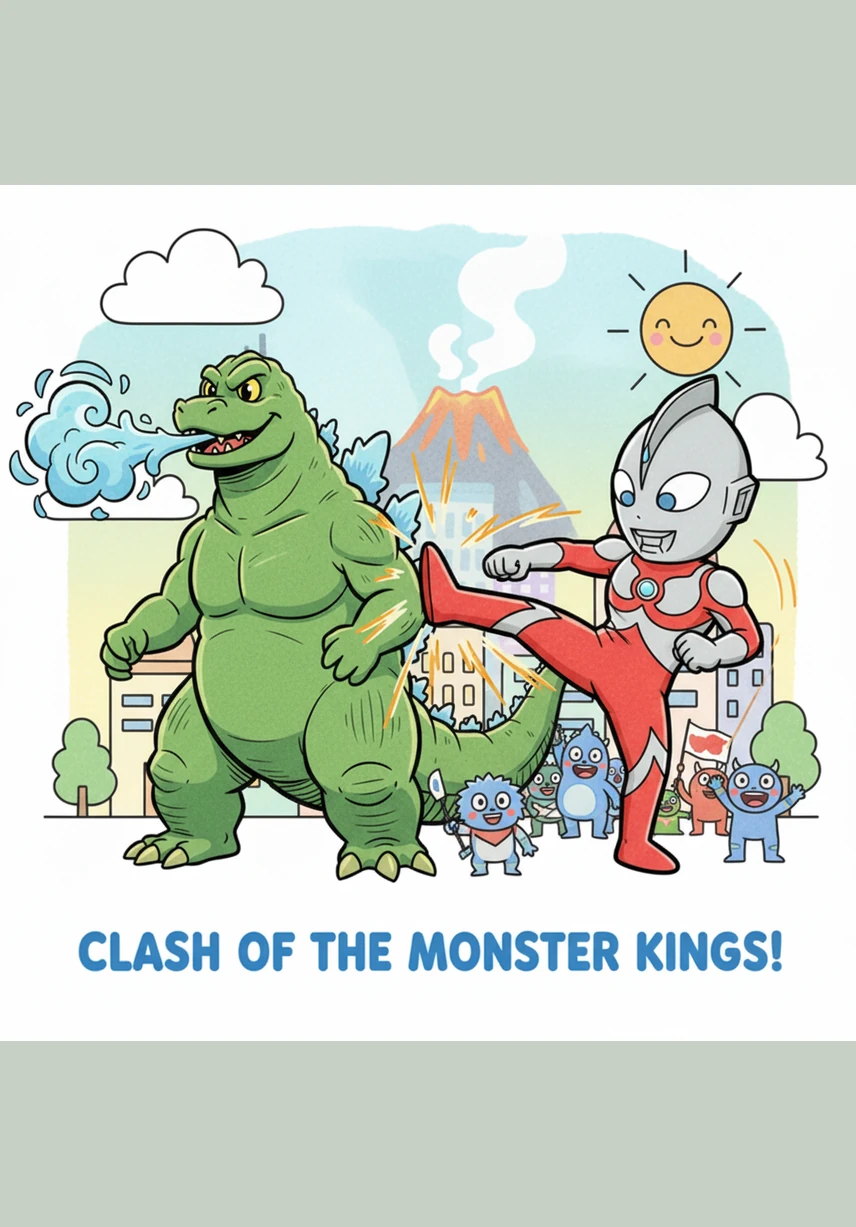 A massive shadow rises from the deep blue ocean, sending waves crashing against the city harbor. Godzilla, the King of the Monsters, steps onto the land with a deafening roar that echoes through the streets.