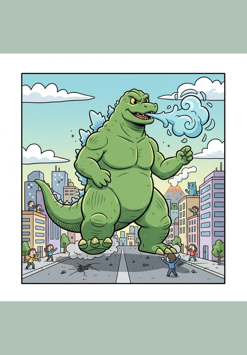 The ground trembles with every heavy step as the prehistoric giant marches through the concrete jungle. Panicked citizens look up in awe at the creature whose head reaches the clouds, casting a long shadow over the skyscrapers.