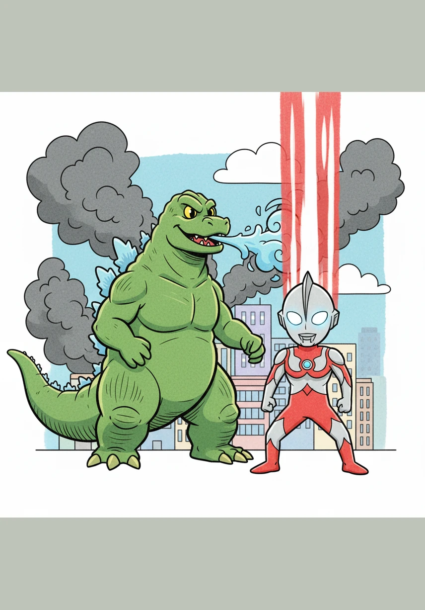 Suddenly, a brilliant red and silver light descends from the heavens, cutting through the dark smoke. Ultraman stands tall between the monster and the city, his eyes glowing with a protective light and his stance ready for battle.