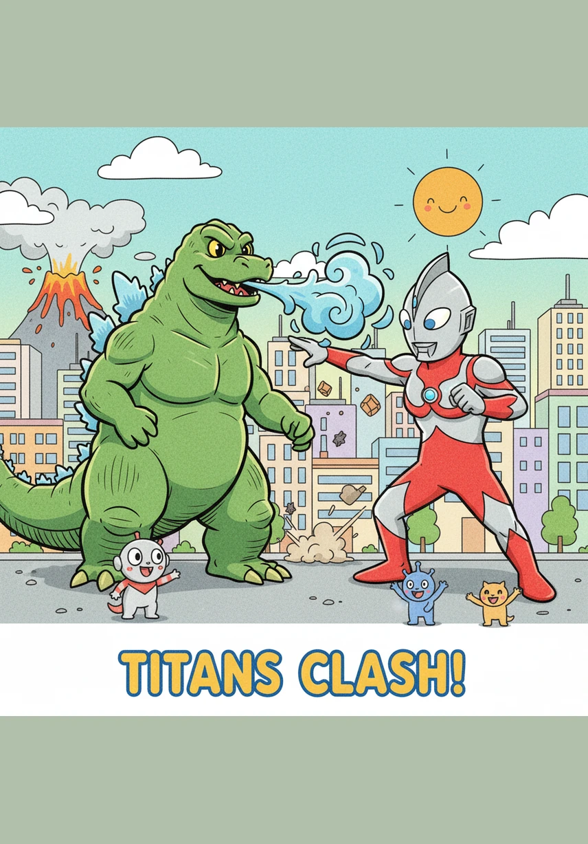 The two legendary giants stand face-to-face, their massive silhouettes dominating the horizon. A tense silence falls over the world as the ultimate confrontation between the ancient beast and the cosmic hero begins.