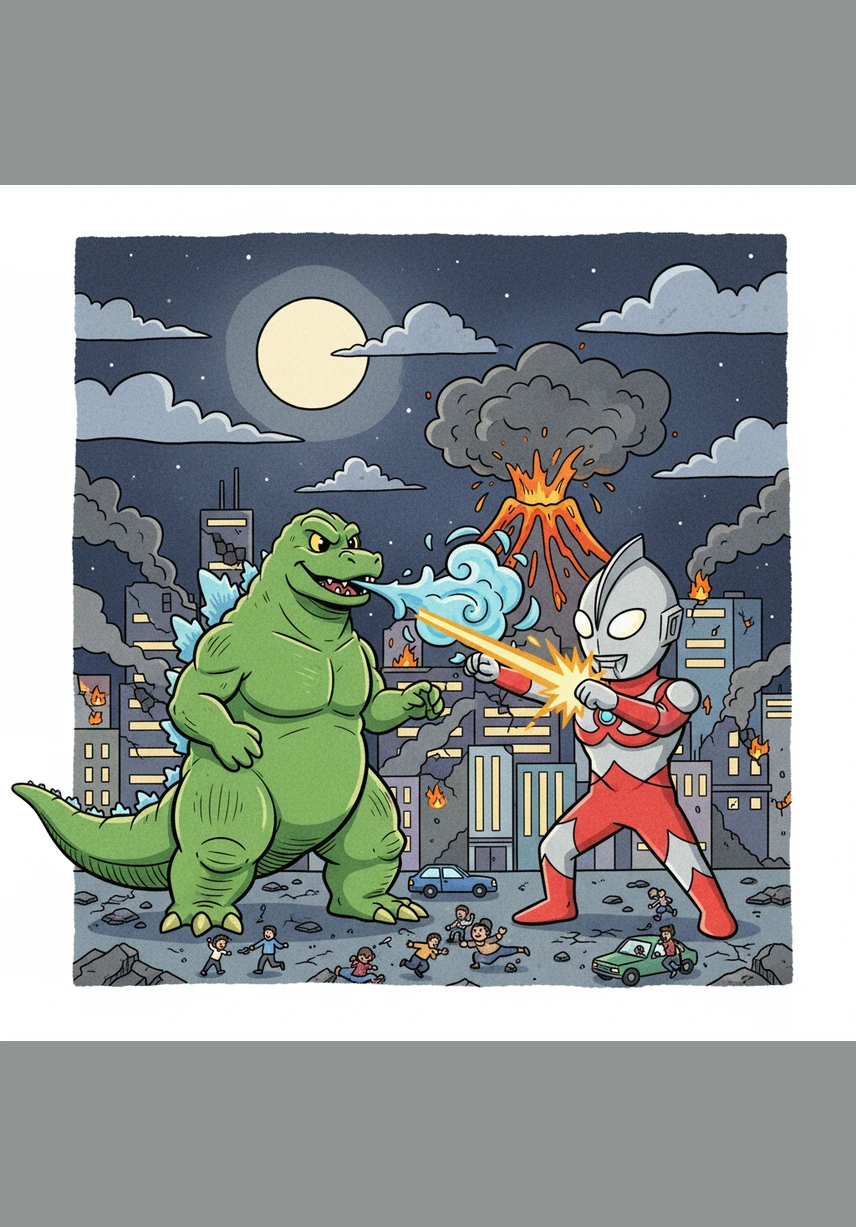Godzilla’s dorsal fins glow with a terrifying blue energy before he unleashes a powerful atomic breath. The beam of light tears through the air, illuminating the night sky like a fallen star aimed at the silver hero.