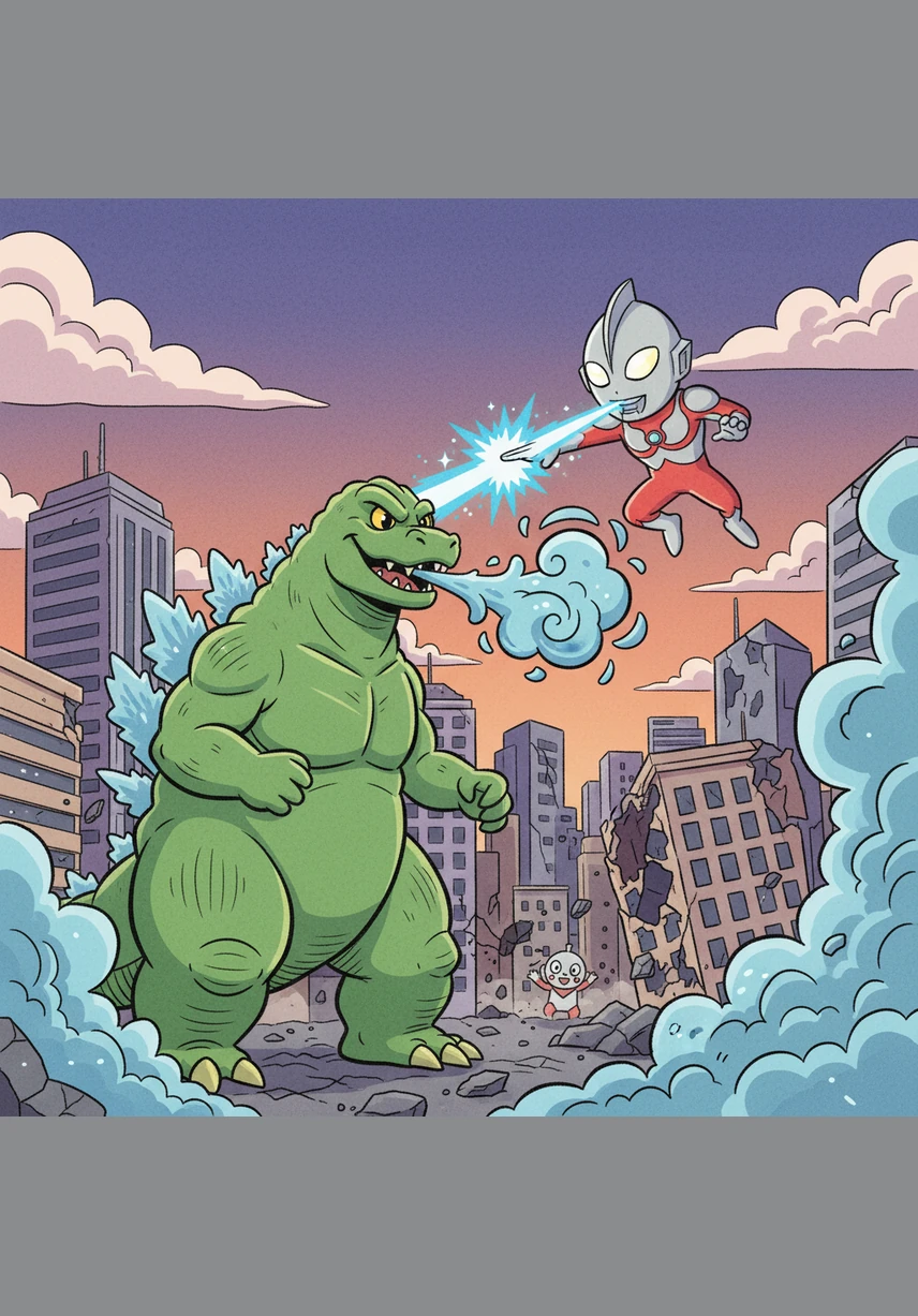 Ultraman leaps high into the air, performing an acrobatic flip to evade the searing energy blast. He lands gracefully among the buildings, using his incredible agility to move closer to his formidable opponent.