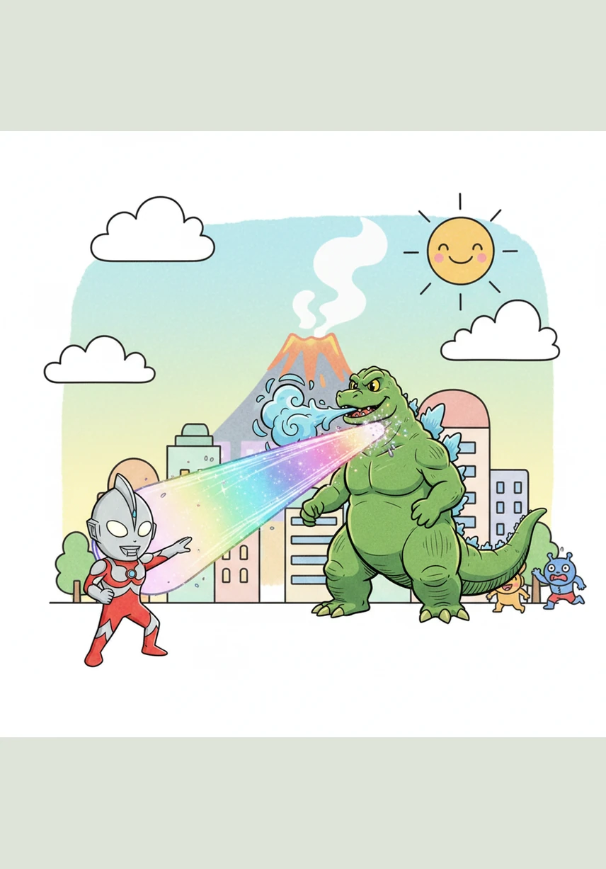 The shimmering beam strikes Godzilla, not with a force of destruction, but with a wave of calming energy. The monster’s glowing eyes soften as the ancient rage begins to fade from his heart, replaced by a strange sense of peace.