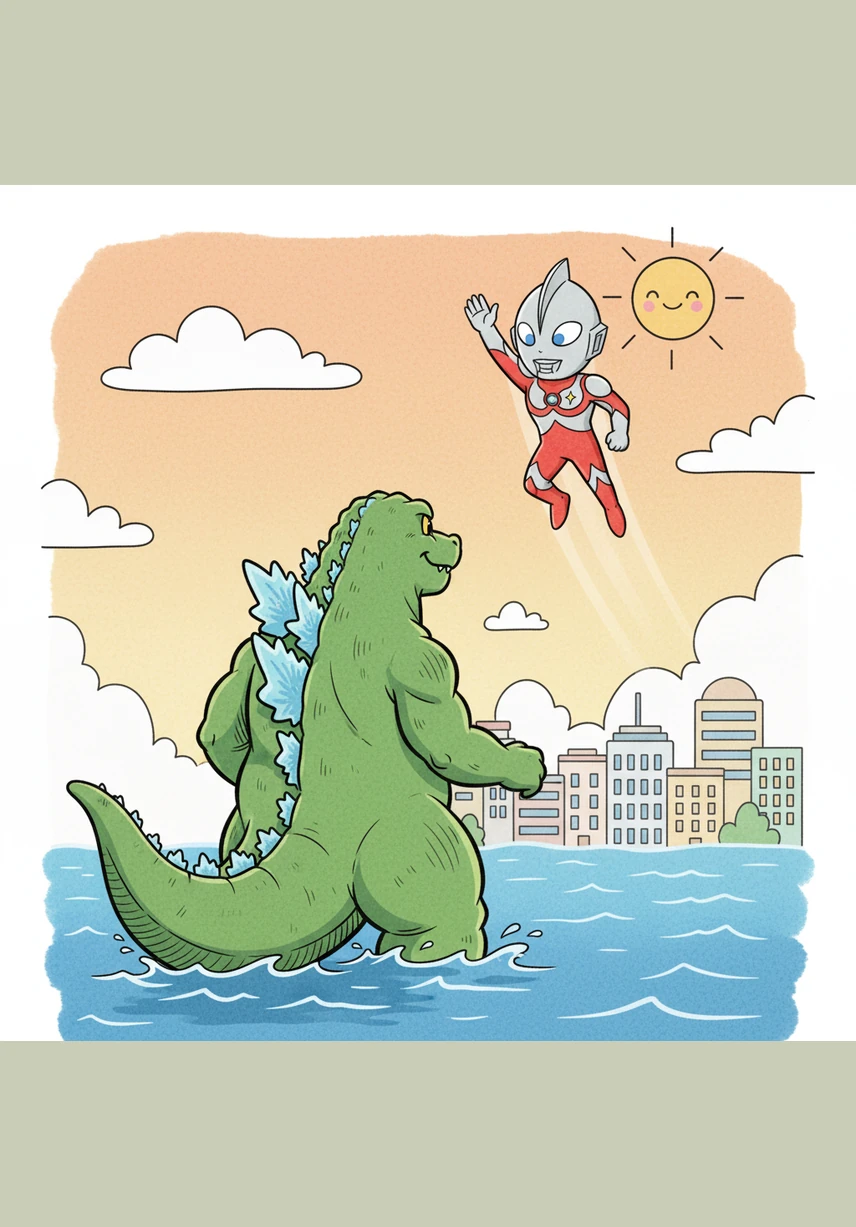 With the battle over, Godzilla turns back toward the ocean and slowly disappears beneath the waves. Ultraman looks toward the rising sun one last time before soaring back into the stars, leaving the city safe and the world in harmony.
