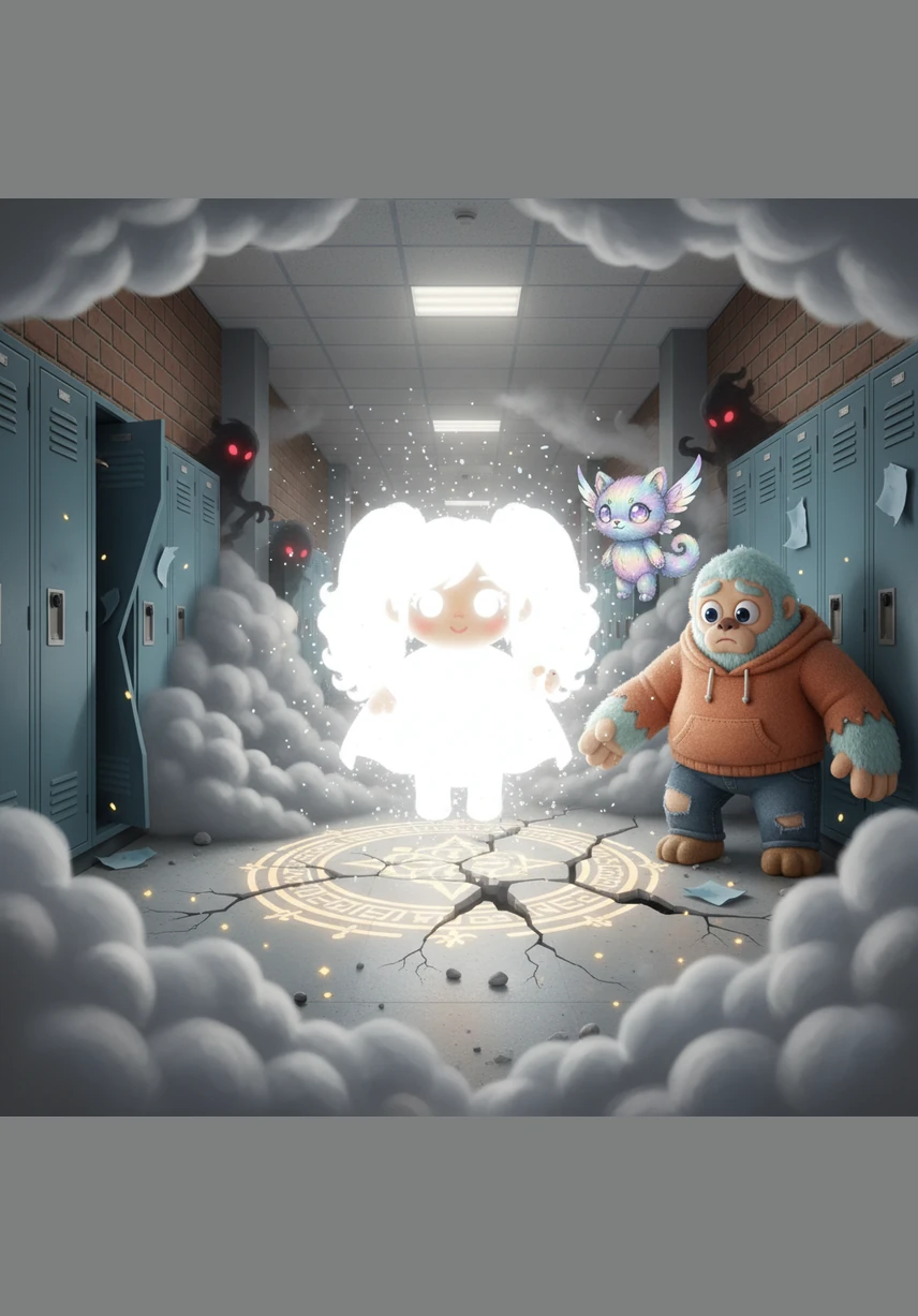 Sofia’s ancient sigils flare with a blinding light, causing the school hallways to tremble and crack under the sudden surge of energy. As a thick veil of smoke rolls in, she vanishes into thin air, leaving her stunned friends to stand guard against the shadows left behind.