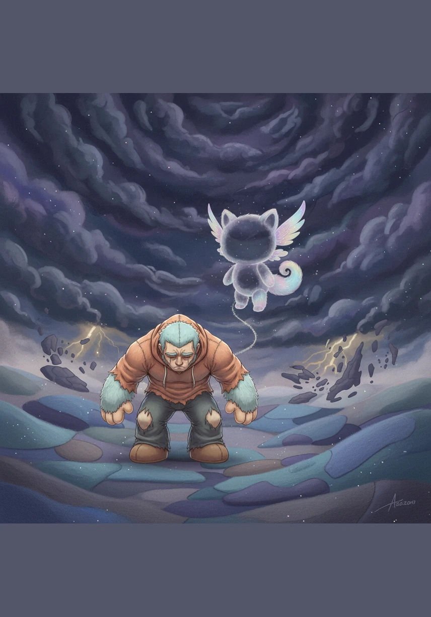 Azurion wanders through a shifting, surreal landscape with the empty shell of Pik‑See trailing behind him like a ghost. The atmosphere grows heavy with a mounting tension that suggests a catastrophic storm is brewing across all the connected realms.