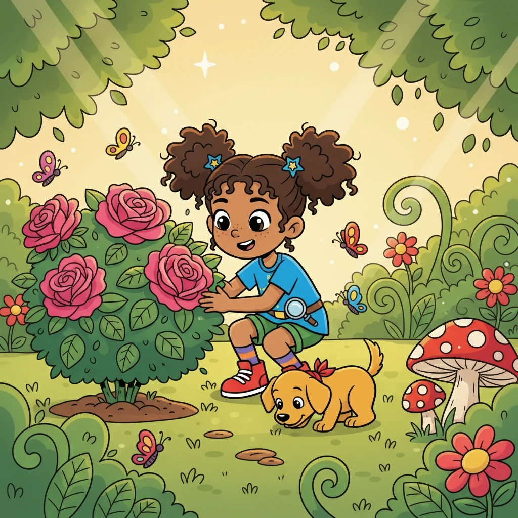 The pair decided to start their search in the whimsical garden behind Sophia's house. Sunbeams danced through the leaves, and butterflies fluttered by as they looked under rose bushes and behind toadstools. Ollie sniffed intently, his nose twitching, hoping to pick up a scent.