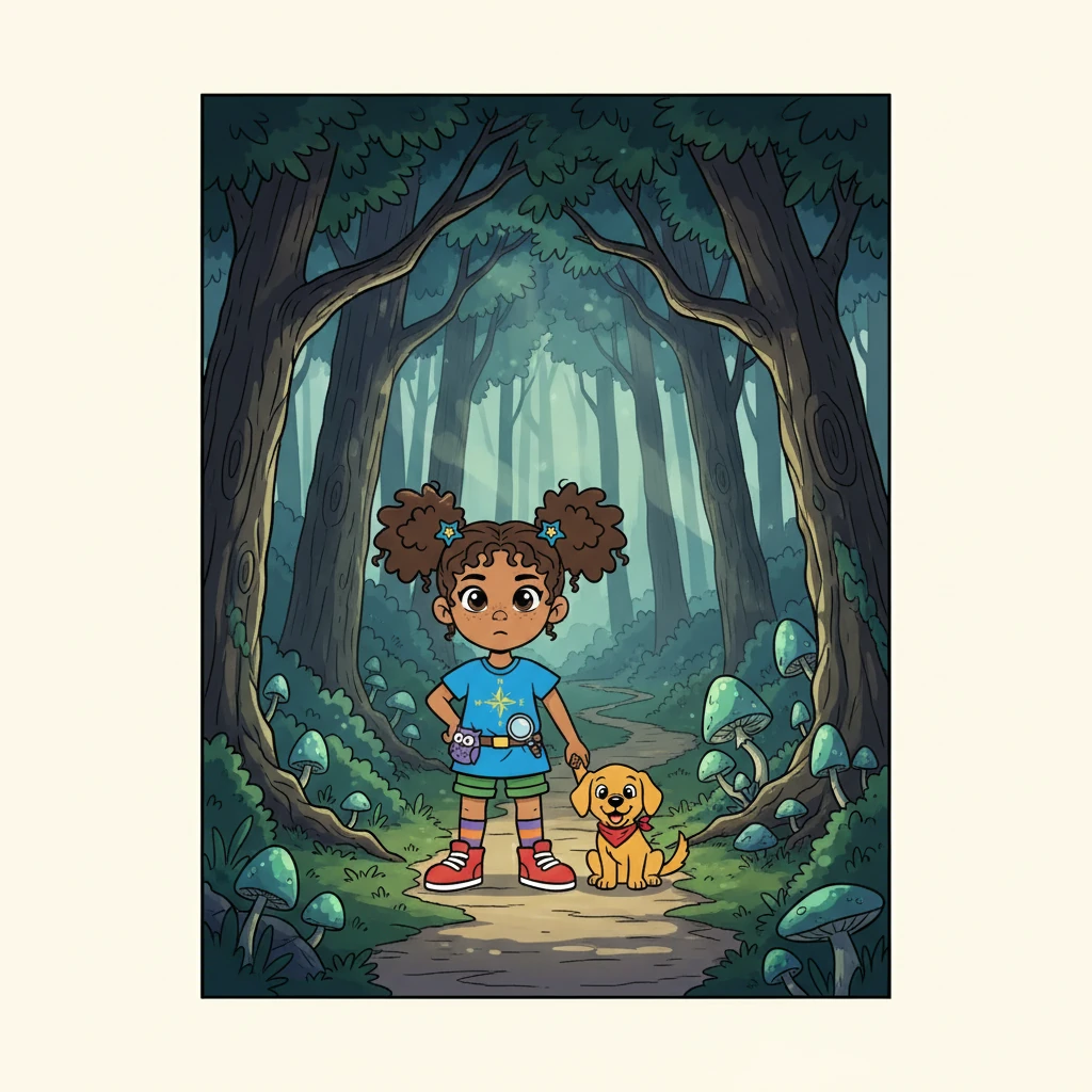 Their search led them into a whispering forest, where ancient trees guarded hidden pathways. Sunlight barely touched the ground as they went deeper, and strange, luminous mushrooms glowed around them. Sophia held Ollie's paw, feeling a mix of fear and excitement.