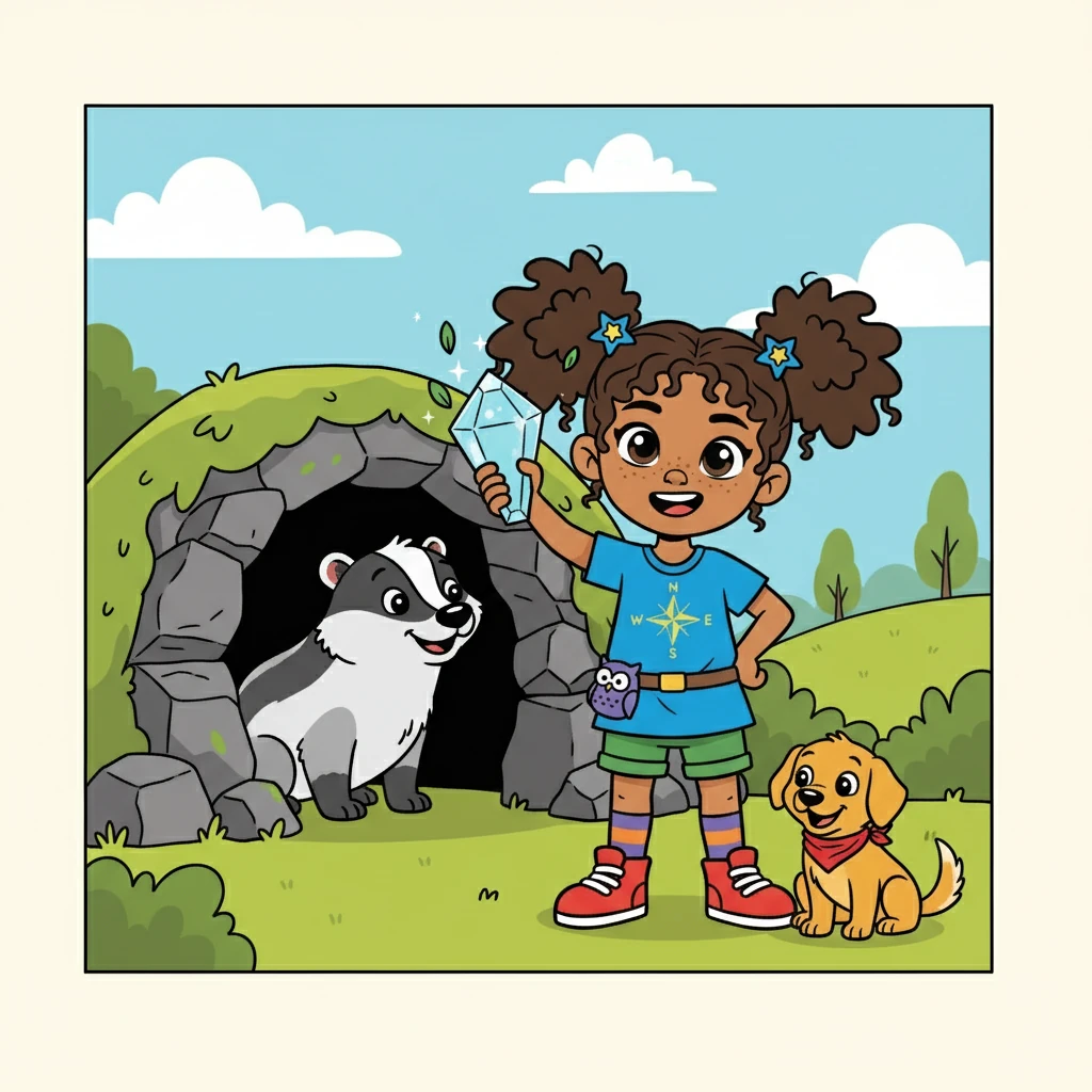Following the pixie's directions, Sophia and Ollie found themselves at the badger's hidden cave. After some clever negotiations and a display of bravery, Sophia managed to retrieve her crystal. The badger, softened by their kindness, even offered a friendly smile.