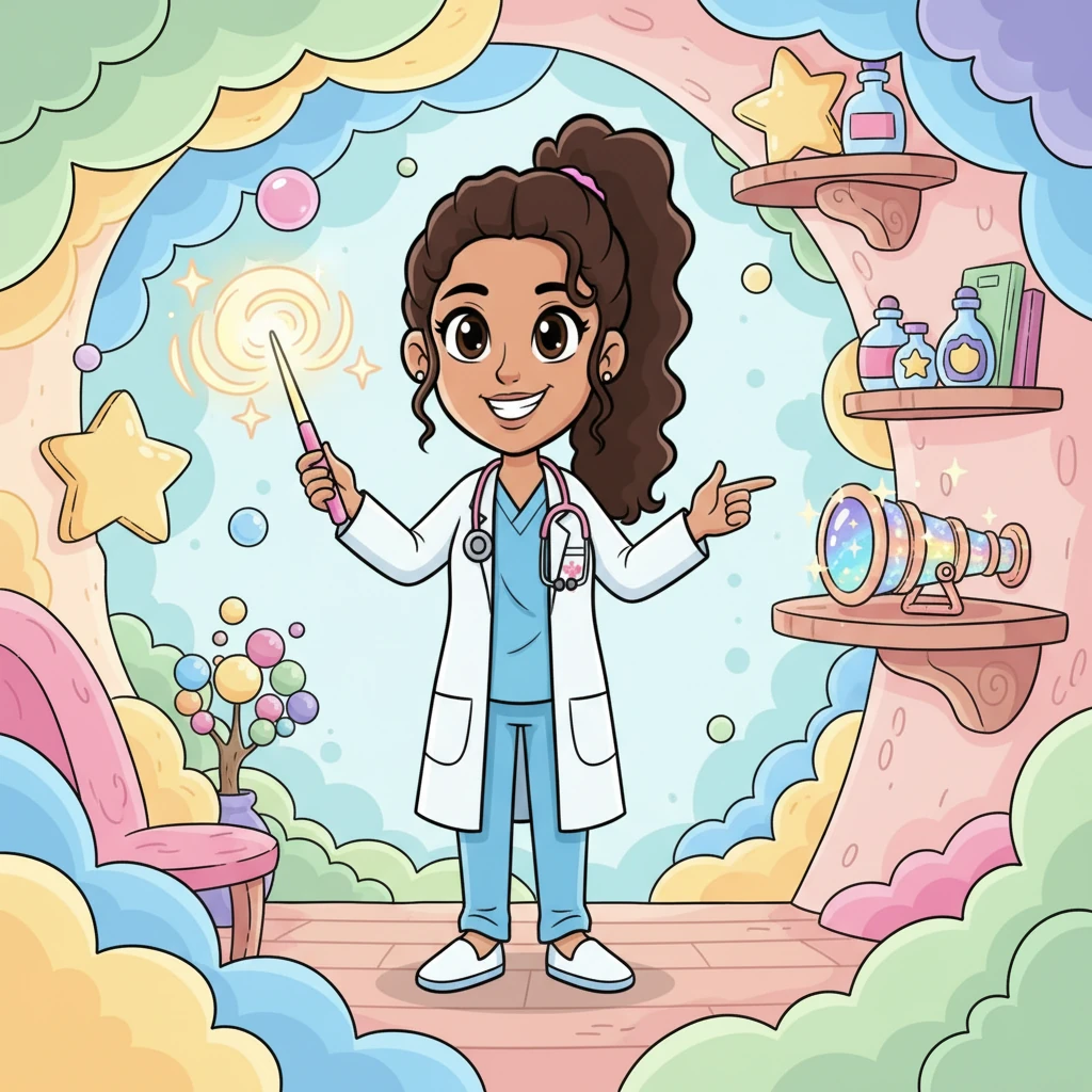 Dr. Bloom, a cheerful and kindly character with a big, welcoming smile, stands in a wonderfully whimsical office. Playful tools like a 'Giggle-Glow' wand and 'Dream-Weaver' kaleidoscope adorn the shelves, sparkling with magic. Bright, swirling colors fill the room, making it feel like a happy, cozy cloud.