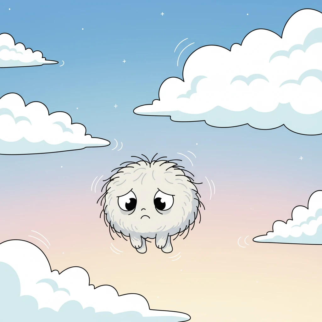 A shy, little cloud creature named Puffy floats in, looking a bit droopy and unsure of its shape. Puffy’s wisps are tangled, and its eyes are downcast, wishing it could be as fluffy and grand as the other clouds in the sky.