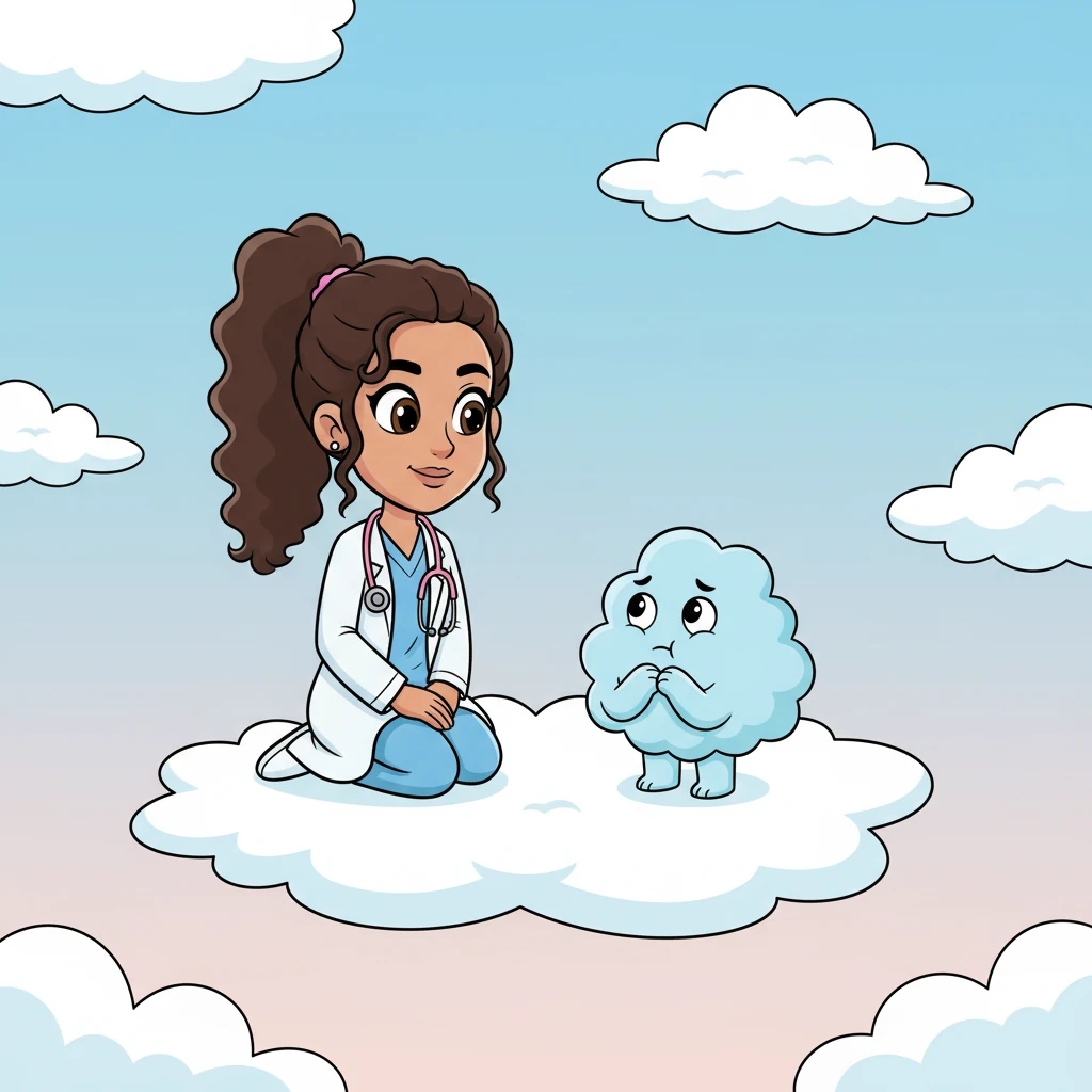 Dr. Bloom kneels down with a warm, understanding expression, offering Puffy a gentle, encouraging smile. Puffy shyly explains how it wishes its clouds were rounder and its edges smoother, feeling a little out of place among the other clouds.