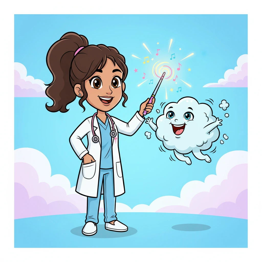 With a twinkle in their eye, Dr. Bloom gently waves the 'Giggle-Glow' wand, which emits soft, colorful lights and tiny, happy sounds. The wand tickles Puffy's wisps, making the little cloud creature erupt into unexpected, delightful giggles. Puffy's body wiggles with joy.
