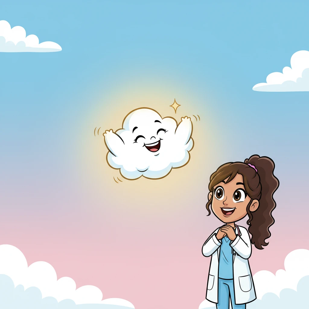 As Puffy giggles, something wonderful begins to happen! A faint, soft glow appears around the little cloud, and its droopy edges start to perk up ever so slightly. A tiny spark of confidence flickers within Puffy, making it feel a little lighter.