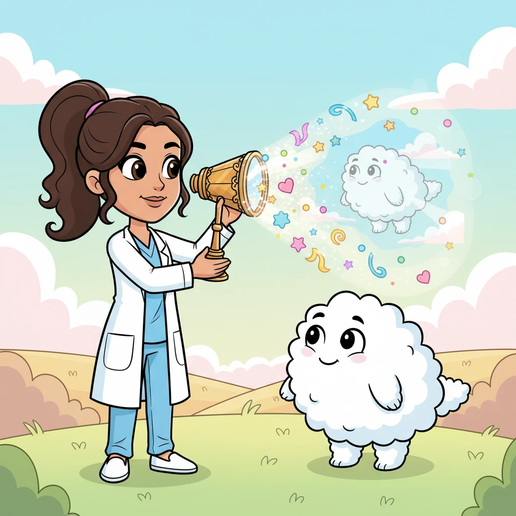 Dr. Bloom then holds up the 'Dream-Weaver,' a kaleidoscope filled with shimmering colors and happy shapes. They encourage Puffy to imagine its happiest, fluffiest self, and Puffy gazes into the device, seeing visions of itself soaring gracefully.