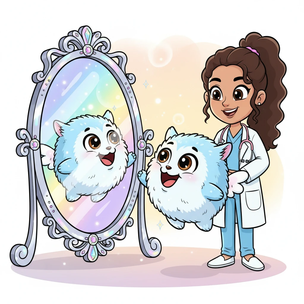 Puffy floats over to a whimsical, shimmering mirror, admiring its new, confident self with wide, sparkling eyes. A huge, joyful smile spreads across Puffy's face, realizing it was beautiful all along and just needed a little help to see it.