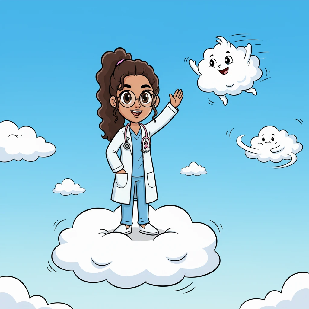 Beaming with newfound confidence, Puffy waves a happy goodbye to Dr. Bloom, ready to float out and explore the big, wide world. Puffy's movement is now dynamic and joyful, eager to join the other clouds in playful dances across the sky.