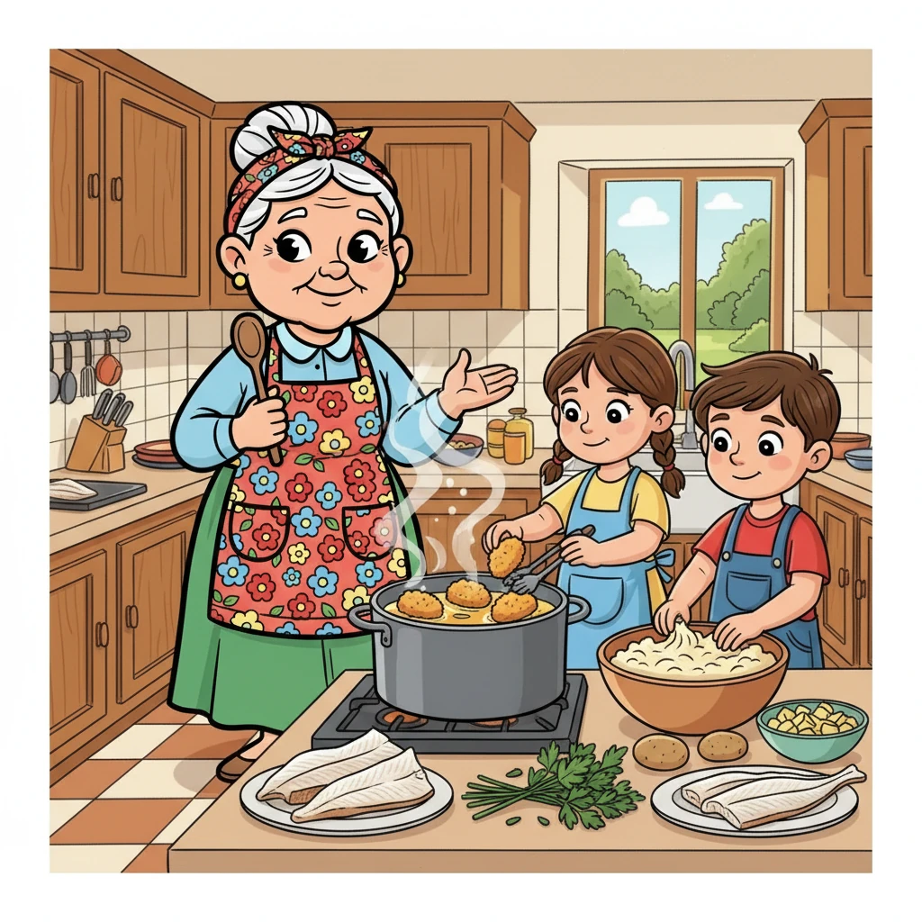Para a sobremesa, Dona Benta apresenta o delicioso Bolinho de Bacalhau! Ela explica a importância de dessalgar o bacalhau, desfiar com cuidado e misturar com batata e temperos. As crianças ajudam a fritar os bolinhos dourados e crocantes.