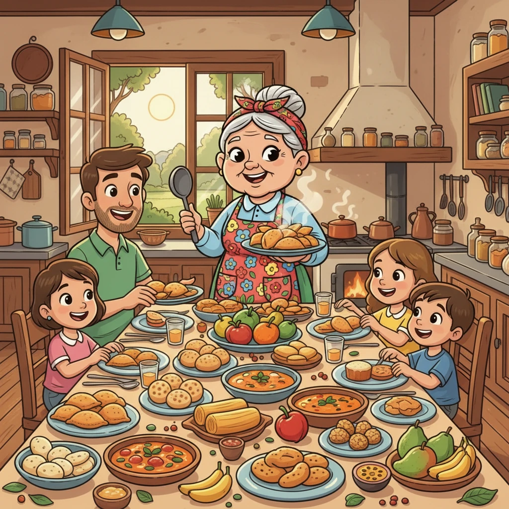 Finalmente, Dona Benta, com um sorriso, serve as receitas prontas e saborosas. A mesa farta e colorida celebra a união da família e o prazer de cozinhar juntos. Cada prato é uma viagem pelos sabores do Brasil, uma experiência inesquecível!