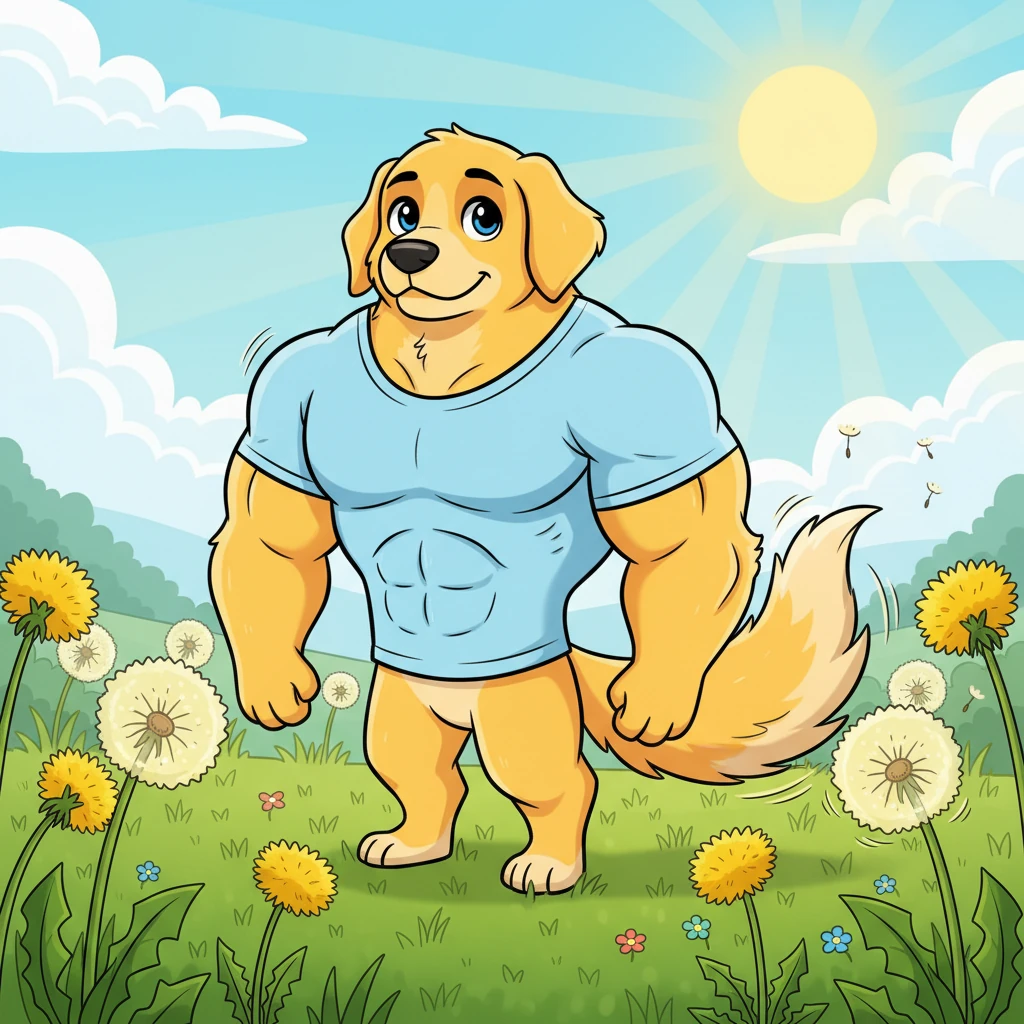 In a sun-drenched meadow filled with towering dandelions, lived Gus, a golden retriever so big and buff, he seemed to be made of sunshine and fluff. His tail alone was the size of a small tree, wagging with boundless, gentle energy. He looked around with soft, curious eyes, always eager to please.
