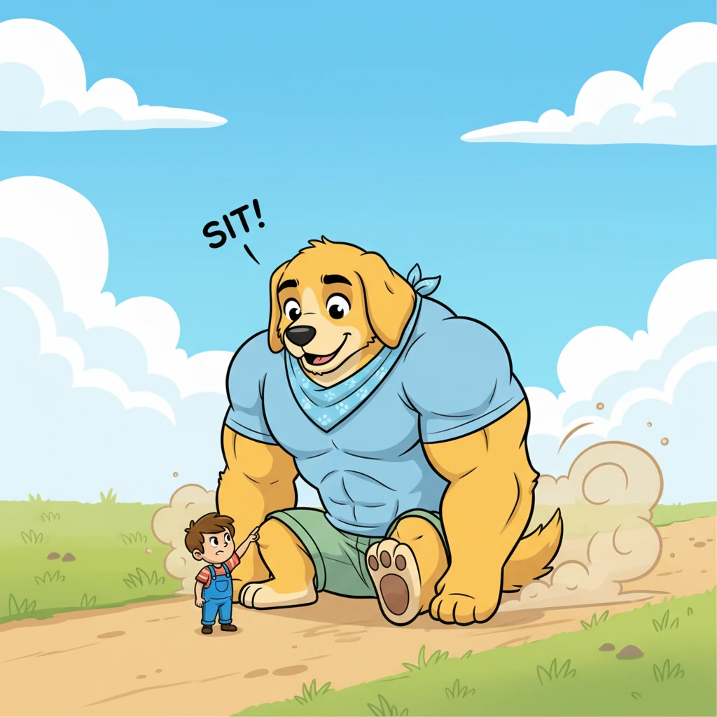 Suddenly, a tiny figure with a determined stride appeared: Pip, a human no bigger than Gus's paw, but bursting with confidence. Pip pointed a finger and declared, "Gus, sit!" With a happy, booming thud, Gus gently lowered himself, creating a small dust cloud, his eyes fixed on Pip.