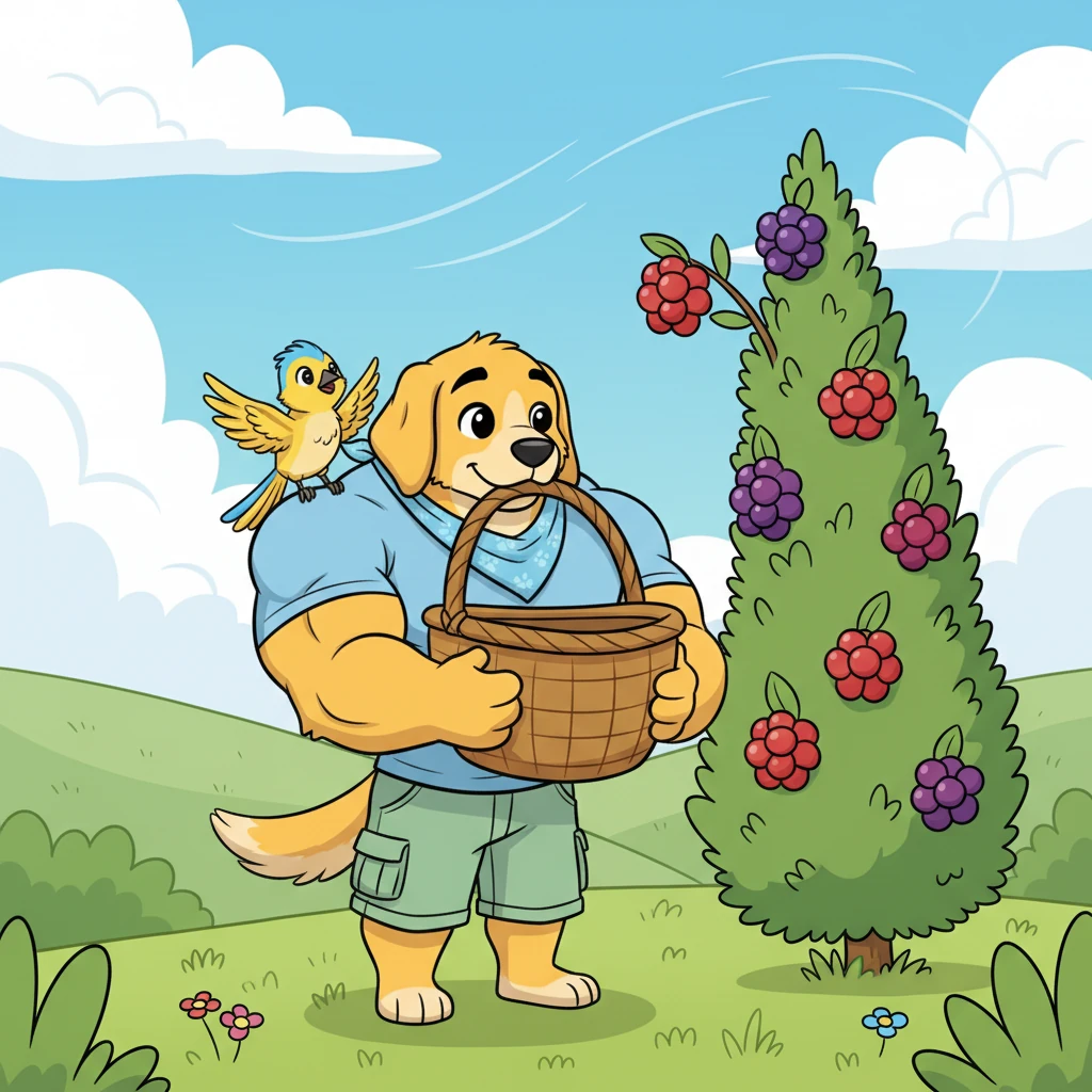 One breezy afternoon, Pip decided they needed to gather berries from the highest bush. Despite his size, Gus patiently waited for Pip to lead the way. Gus carefully held a giant woven basket in his mouth, his expressive face beaming with readiness to assist Pip's grand plans.