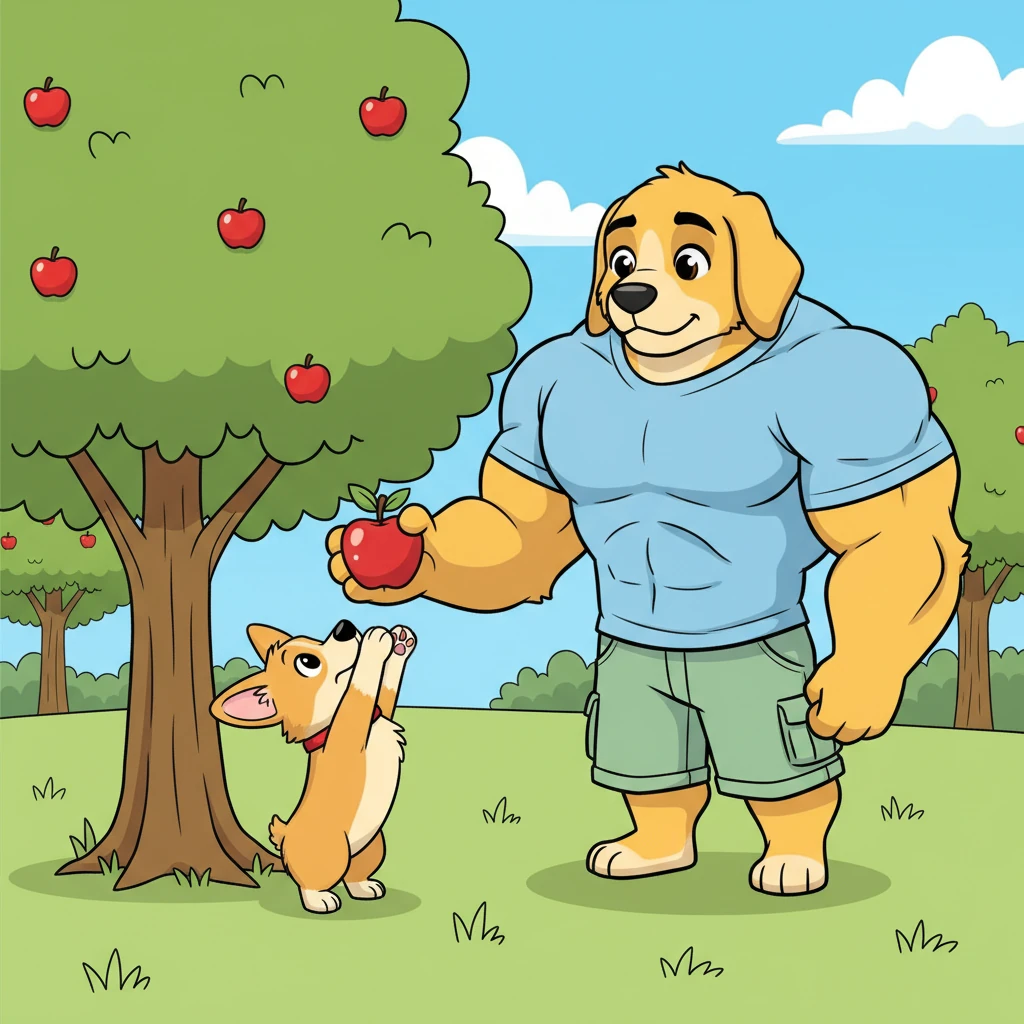 Pip, ever the resourceful one, wanted to reach a shiny, red apple hanging just out of his grasp. Gus, with his immense height, could have easily plucked it. Instead, he looked to Pip with an expectant tilt of his head, waiting for his small friend's instruction.
