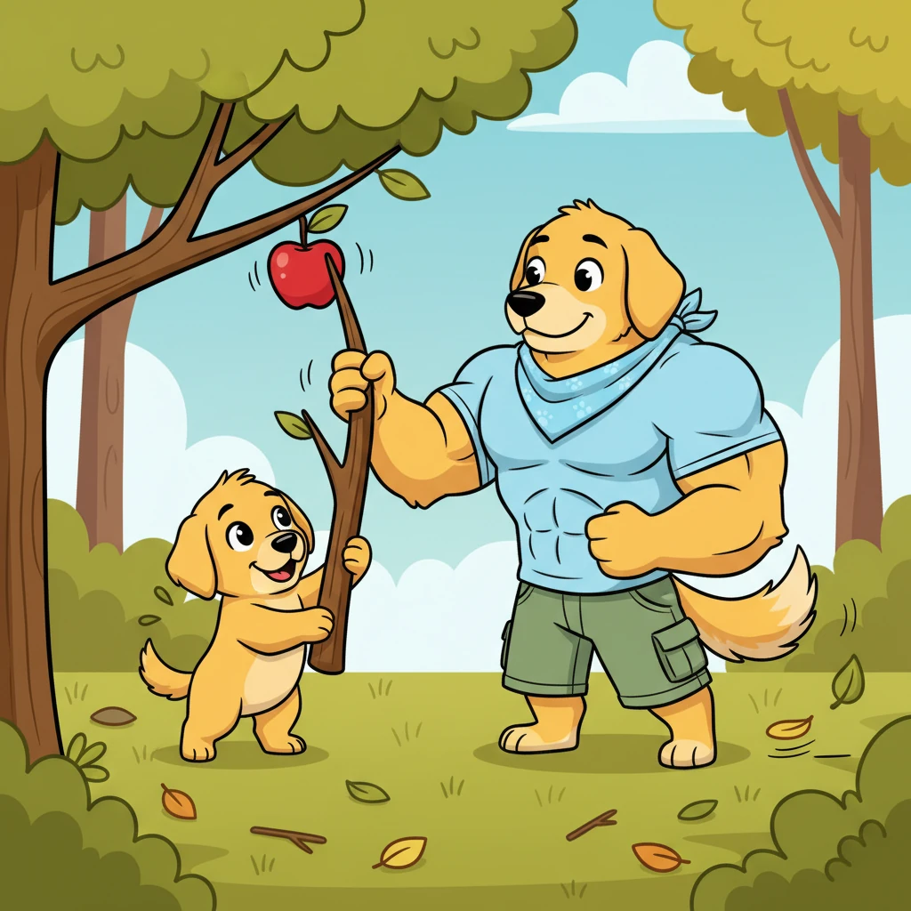 With a mischievous grin, Pip quickly found a sturdy, fallen branch and, with a few clever nudges, dislodged the apple. Gus watched, impressed, his big tail giving a happy, soft thump against the ground, proud of Pip's ingenuity.
