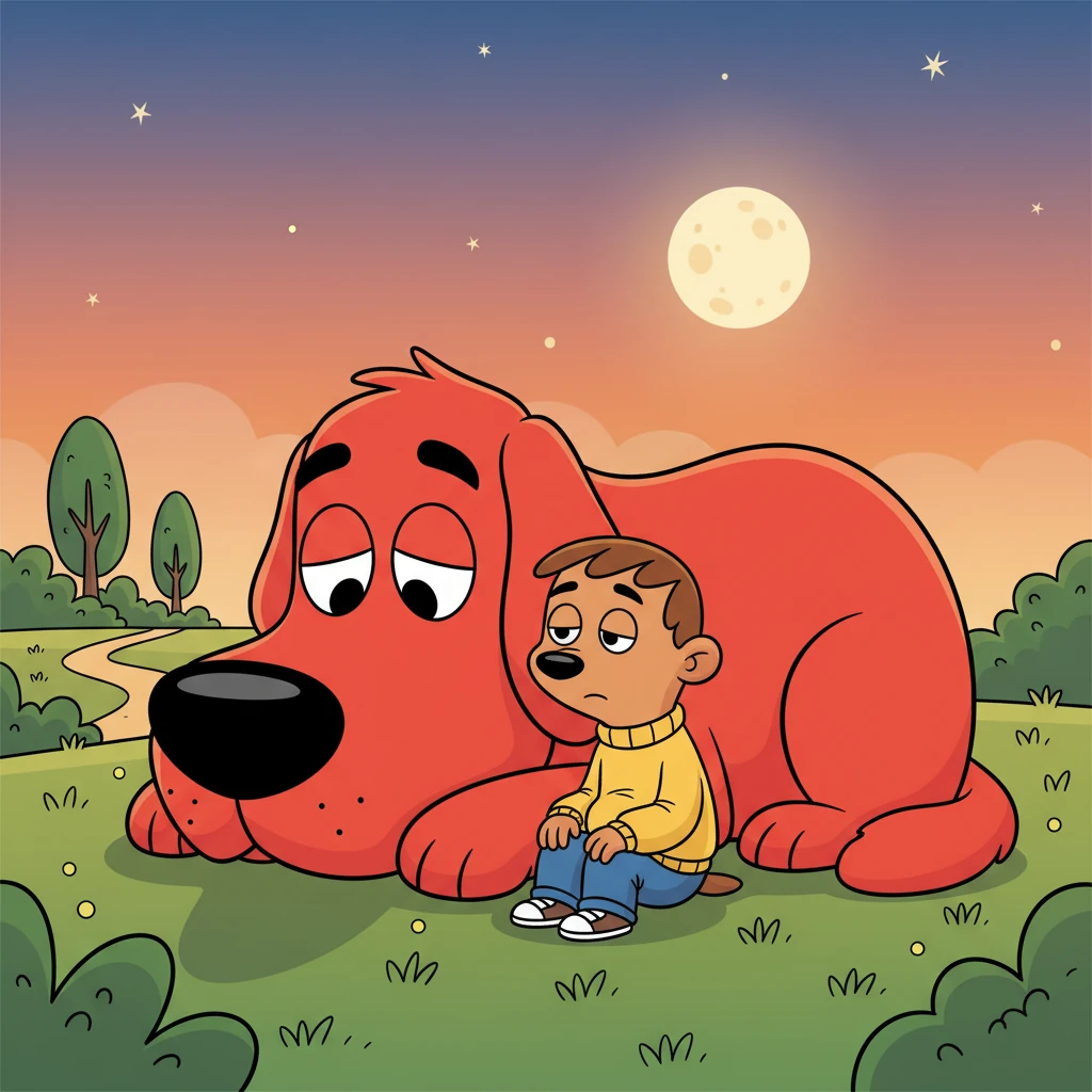 One evening, after a long day of adventures, Pip sat down, looking a little weary. Gus, sensing his friend's mood, gently lowered his massive head, offering a soft, furry cushion. Pip leaned against Gus's warm fur, finding comfort in his giant friend's presence.