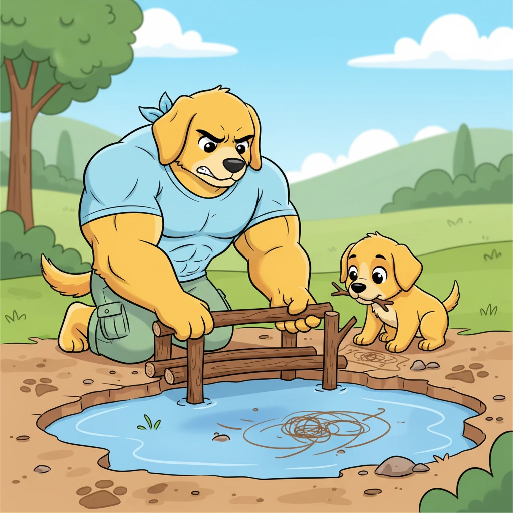 They decided to build a miniature bridge over a puddle. Pip meticulously drew plans in the dirt with a twig, while Gus carefully held the larger sticks in place with his paws, his brow furrowed in concentration as he followed Pip's precise directions.