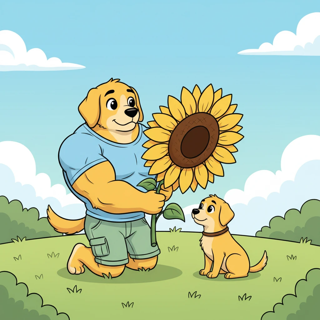 To show his affection, Gus once brought Pip a massive, brightly colored sunflower, its petals wider than Pip himself. He presented it with a soft whimper and a hopeful gaze, his tail doing a slow, happy sway, eager for Pip's approval.