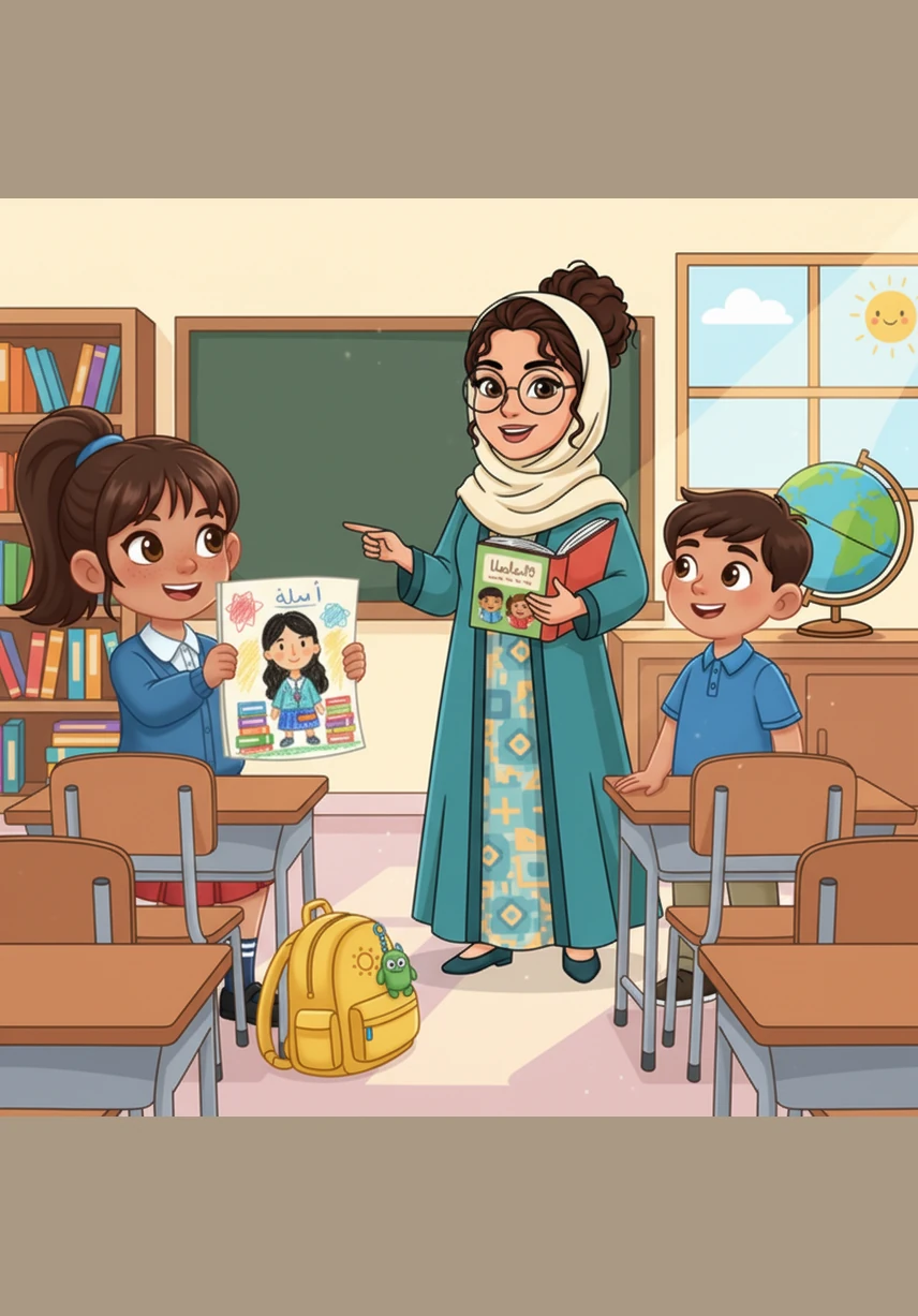 فِي وَقْتِ الِاسْتِرَاحَةِ، وَجَدَتْ بَدُورُ قَلَمًا ذَهَبِيًّا لَامِعًا مُلْقًى عَلَى الْأَرْضِ بِجَانِبِ مَقْعَدِ صَدِيقَتِهَا لَيْلَى. أَعْجَبَهَا الْقَلَمُ كَثِيرًا وَبَدَا لَهَا كَأَنَّهُ كَنْزٌ صَغِيرٌ يَلْمَعُ تَحْتَ ضَوْءِ الشَّمْسِ.