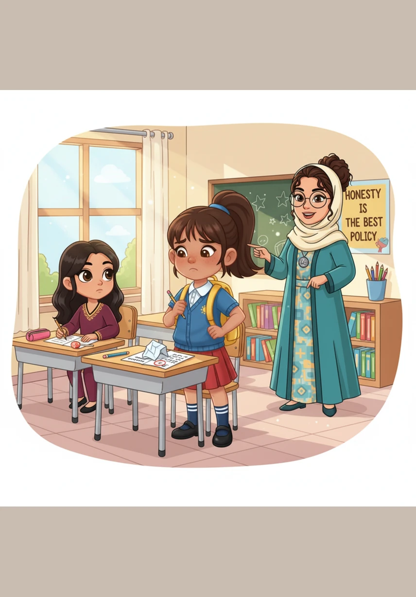 تَذَكَّرَتْ بَدُورُ كَلَامَ أُمِّهَا عَنِ الصِّدْقِ وَأَنَّ الْأَمَانَةَ هِيَ طَرِيقُ الرَّاحَةِ وَالسَّعَادَةِ. بَدَأَ ضَمِيرُهَا يُؤَنِّبُهَا، وَأَدْرَكَتْ أَنَّ إِخْفَاءَ الْقَلَمِ لَيْسَ عَمَلًا صَحِيحًا مَهْمَا كَانَ الْقَلَمُ جَمِيلًا.