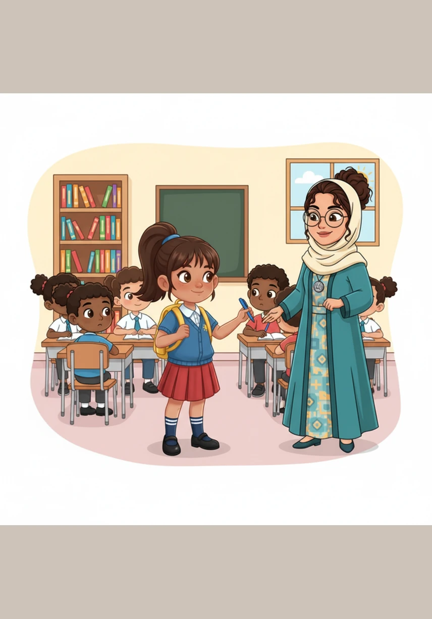 وَقَفَتْ بَدُورُ بِشَجَاعَةٍ أَمَامَ زُمَلَائِهَا، وَأَخْرَجَتِ الْقَلَمَ مِنْ حَقِيبَتِهَا وَقَدَّمَتْهُ لِلَيْلَى قَائِلَةً بِصَوْتٍ وَاضِحٍ: أَنَا آسِفَةٌ يَا لَيْلَى، لَقَدْ وَجَدْتُ قَلَمَكِ وَأَخَذْتُهُ، لَكِنَّنِي قَرَّرْتُ أَنْ أُعِيدَهُ لَكِ.