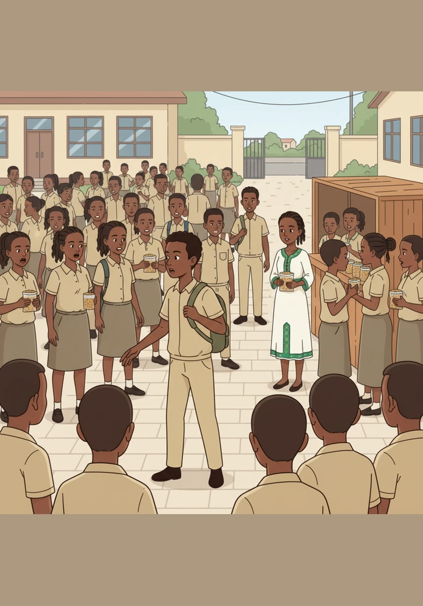 When the final bell rings, the school courtyard transforms into a surging sea of beige uniforms and excited chatter. Dawit weaves through the crowd, his eyes searching for Selam amidst the chaos of students rushing toward the street side kiosks for a quick snack of kolo.