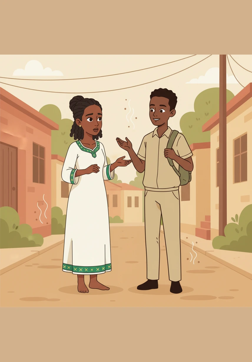 As they begin their walk, Selam explains that she cannot go to the café because her aunt needs help with a traditional coffee ceremony for the neighbors. The scent of roasting beans already seems to linger in the air, a reminder of the domestic duties waiting for her at home.
