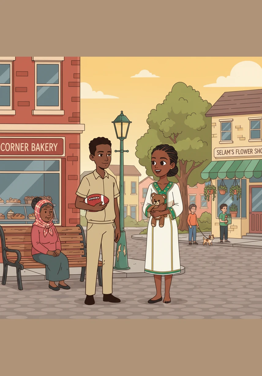 At a familiar corner, they pass Gashe’s shop, where the elderly owner is in the middle of a heated argument with a delivery driver over a stack of water crates. The scene is a typical snapshot of the neighborhood's daily rhythm, loud, spirited, and full of life.