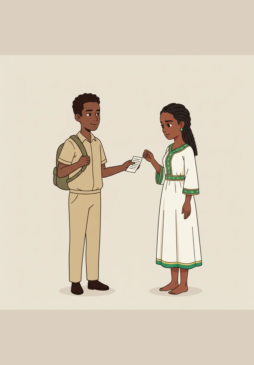 They reach Selam’s home, where the blue paint on the corrugated metal gate is peeling away in long, thin strips. She looks at him with a softening expression, reminding him that even if they are standing on a bridge, the view of the distant mountains is still beautiful.