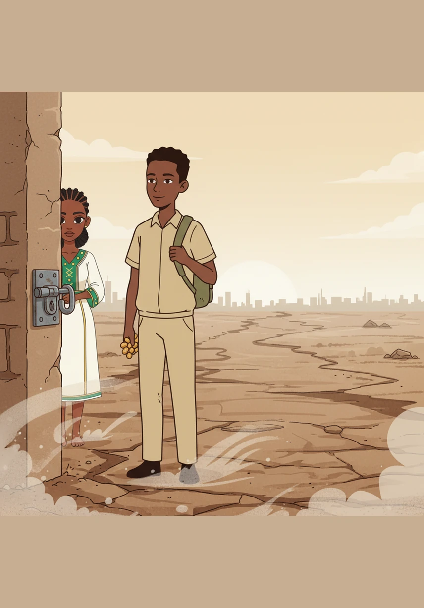 After Selam hands him a handful of dabo kolo and disappears behind the heavy metallic latch, Dawit walks the rest of the way alone. The dry wind kicks up dust around his shoes as he wonders if he will ever be the one driving out of the city toward a new horizon.