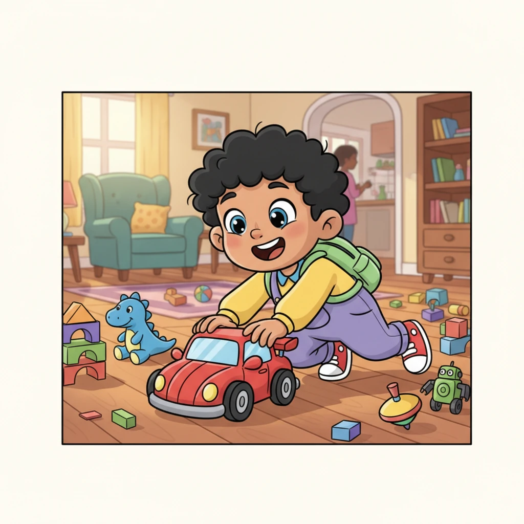 Leo was a whirlwind of fun, zooming his brightest red race car across the living room floor. Toys were scattered like colorful confetti all around him, a testament to his boundless energy. His mom's gentle call from the kitchen was just a distant hum in his exciting world of play.