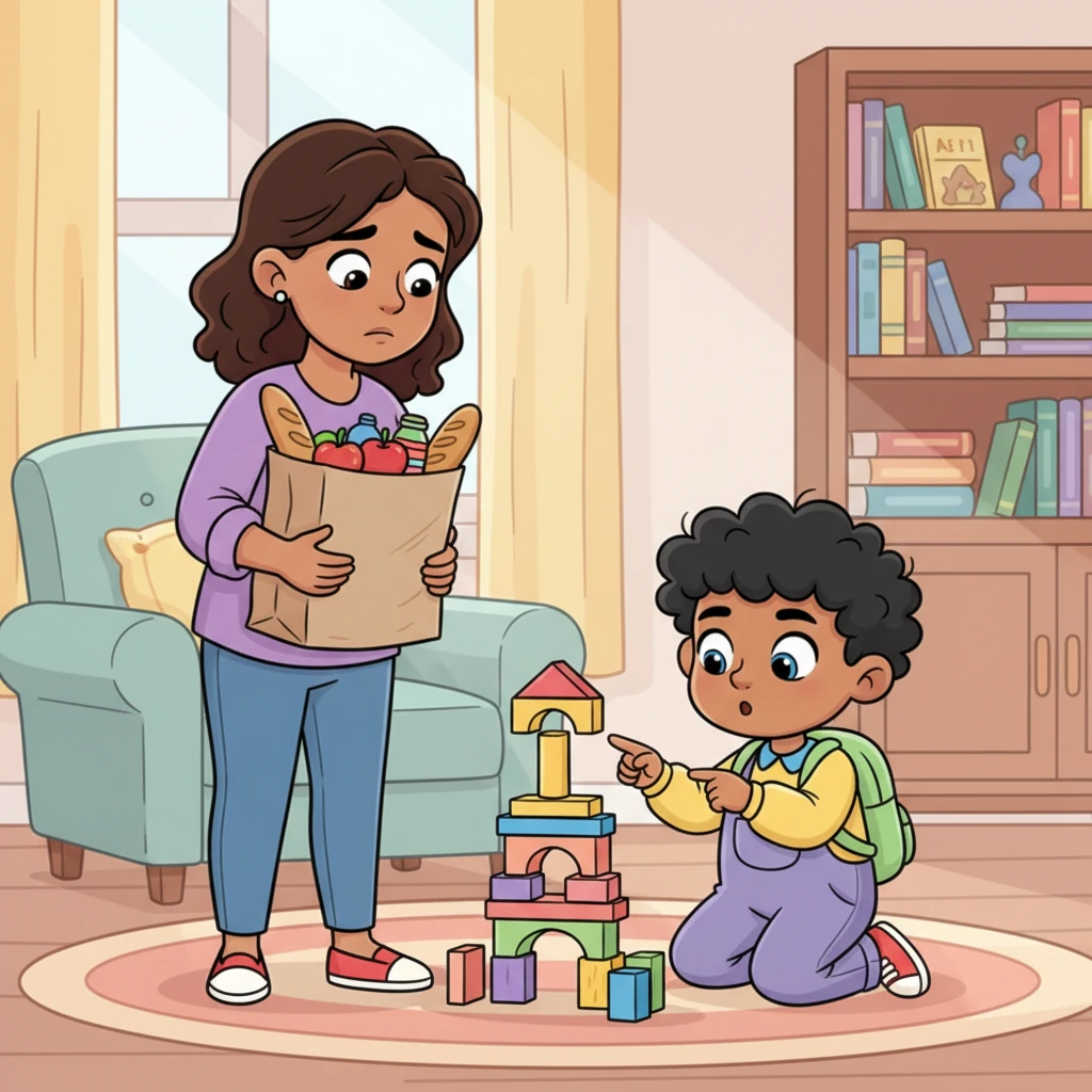 Mom appeared, holding a heavy grocery bag, her shoulders looking a little droopy. She asked Leo for a hand, but he just pointed dramatically at his half-built block tower, declaring it needed his full, immediate attention. His face was comically earnest.