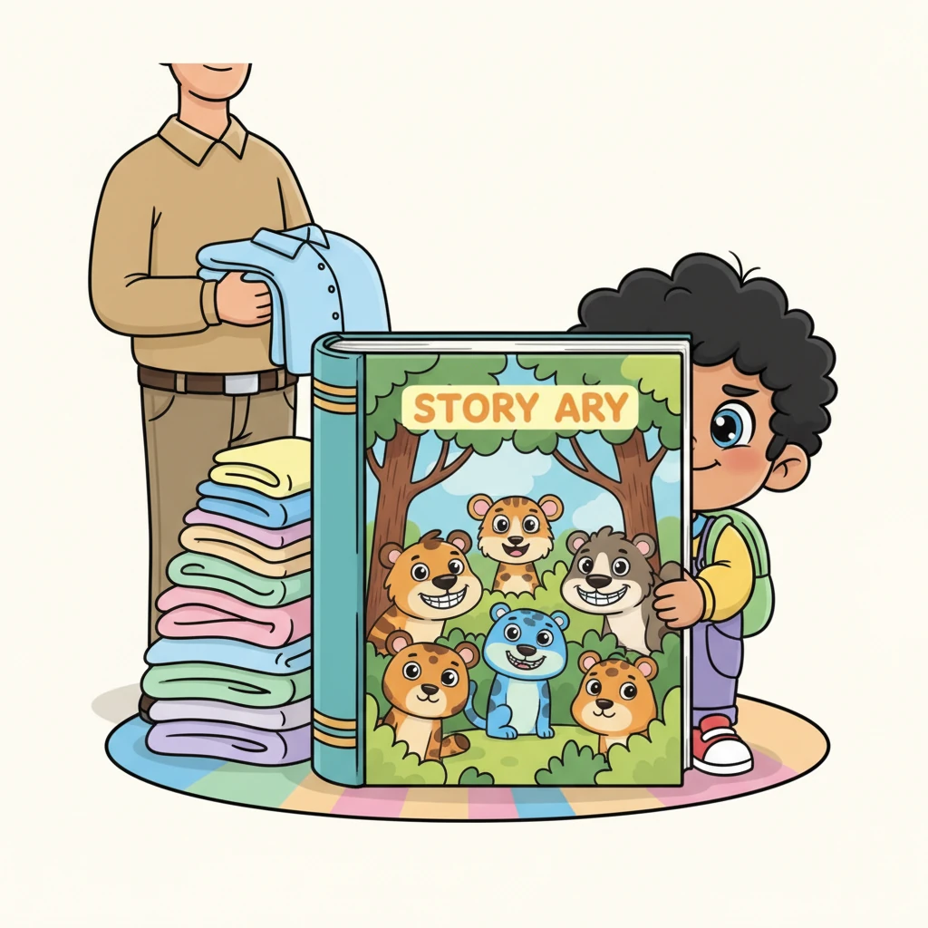 Later, Dad asked for help tidying up a pile of clothes. Quick as a flash, Leo ducked behind a giant, colorful storybook, pretending to be deeply engrossed in its pages. Only one mischievous eye peeked out, hoping Dad wouldn't notice.