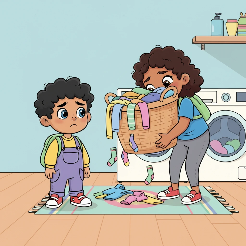 Leo watched his mom struggle with a big, overflowing laundry basket, her back bending in a funny, exaggerated way. A little frown creased his forehead, replacing his usual playful grin. He felt a tiny, squishy pang in his chest.