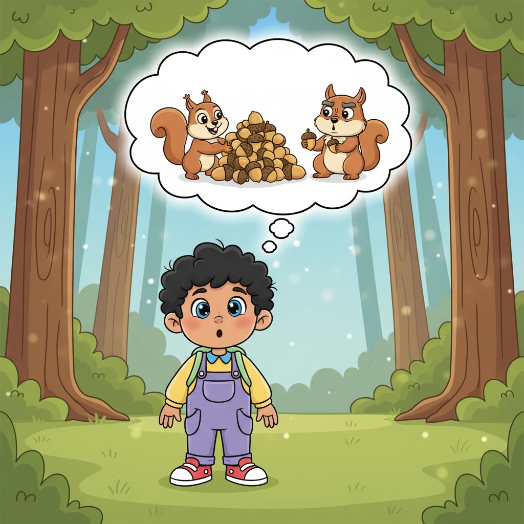 Suddenly, a whimsical thought bubble popped above Leo's head, showing a tiny, super-strong squirrel cheerfully helping an older, slightly grumpy squirrel carry a huge pile of nuts. Leo's eyes widened with a flash of understanding. He knew what he had to do!