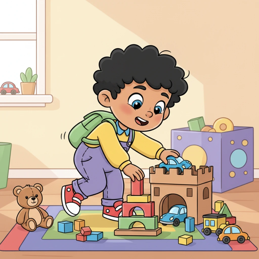 With a newfound determination, Leo bounced up and started gathering his colorful toys. He neatly stacked his blocks and parked his race cars in their garage, all without being asked. His focused expression was a funny mix of concentration and excitement.
