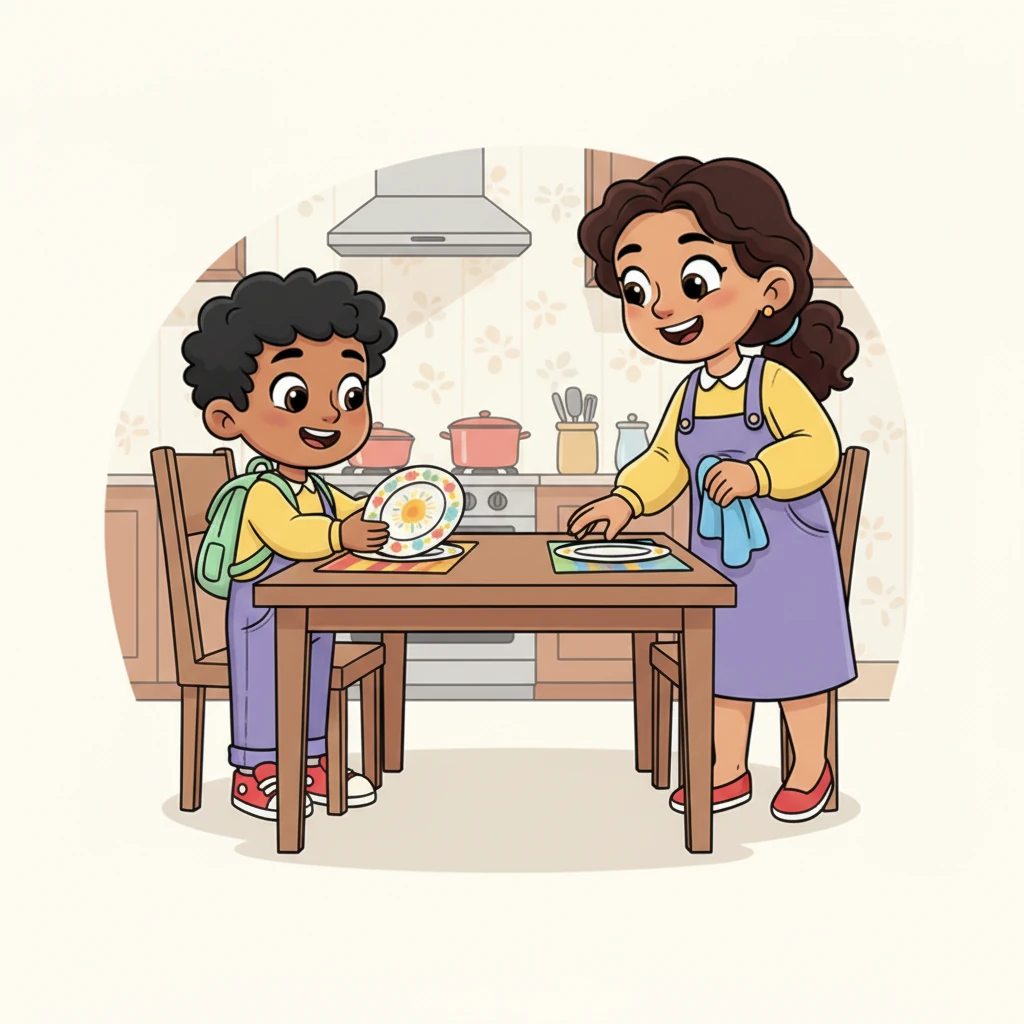 Beaming with pride, Leo carefully placed a brightly patterned plate on the dinner table, just as Mom walked in with a dishcloth. Her eyes widened in surprise, then crinkled with a joyful smile. Leo felt a warm glow spread through him.