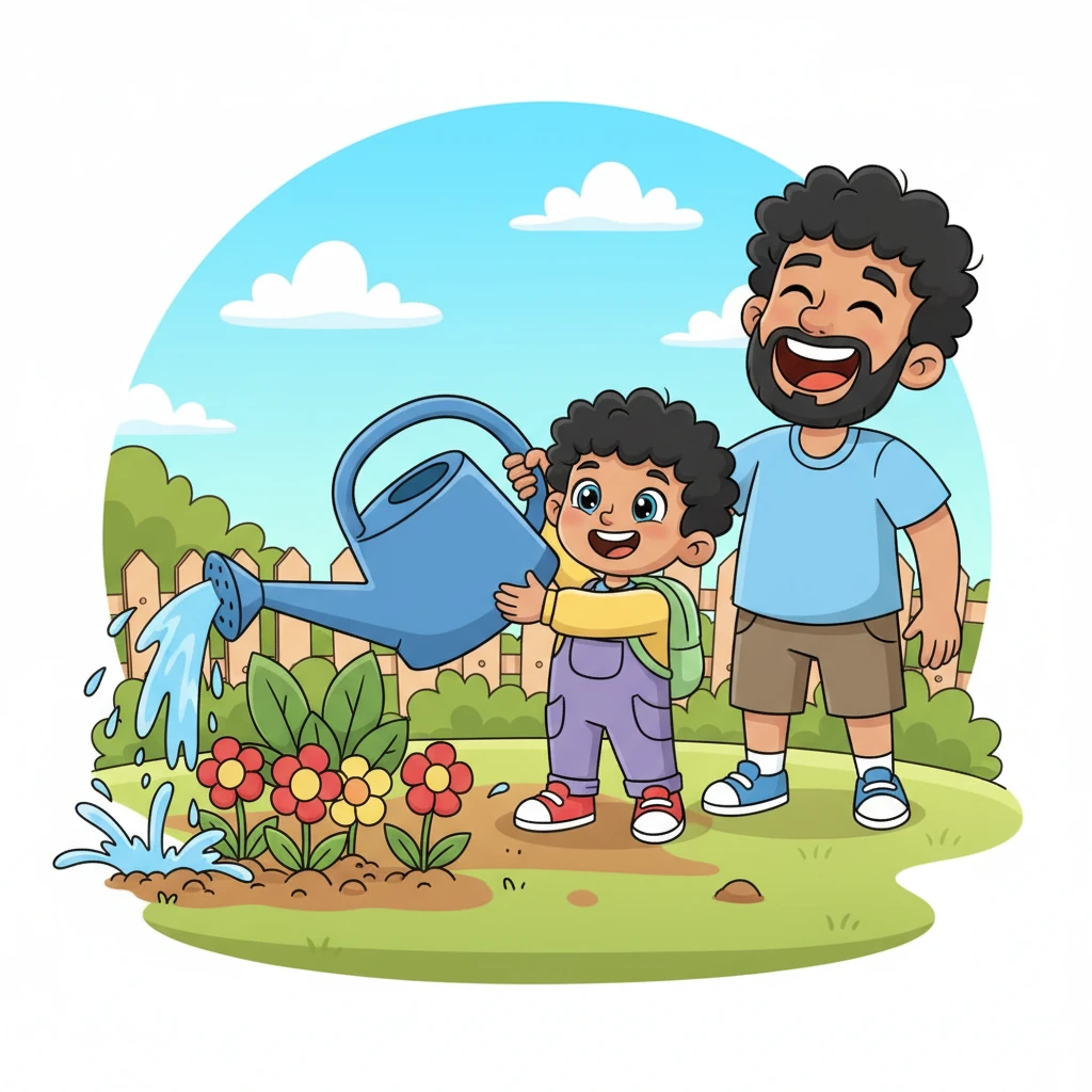 Later, Leo grabbed the biggest, most cartoonish watering can he could find and offered to help Dad water the garden. They made it a hilarious game, splashing and giggling as the plants got their drink. Dad's laughter was loud and hearty.