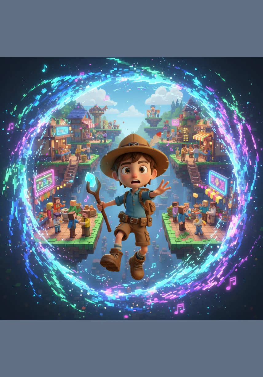 Suddenly, a swirl of pixelated light pulls Leo into the screen, transporting him to a bustling marketplace made of blocks and neon. Floating platforms and colorful characters fill the air with excitement and chiptune melodies echoing in the distance.