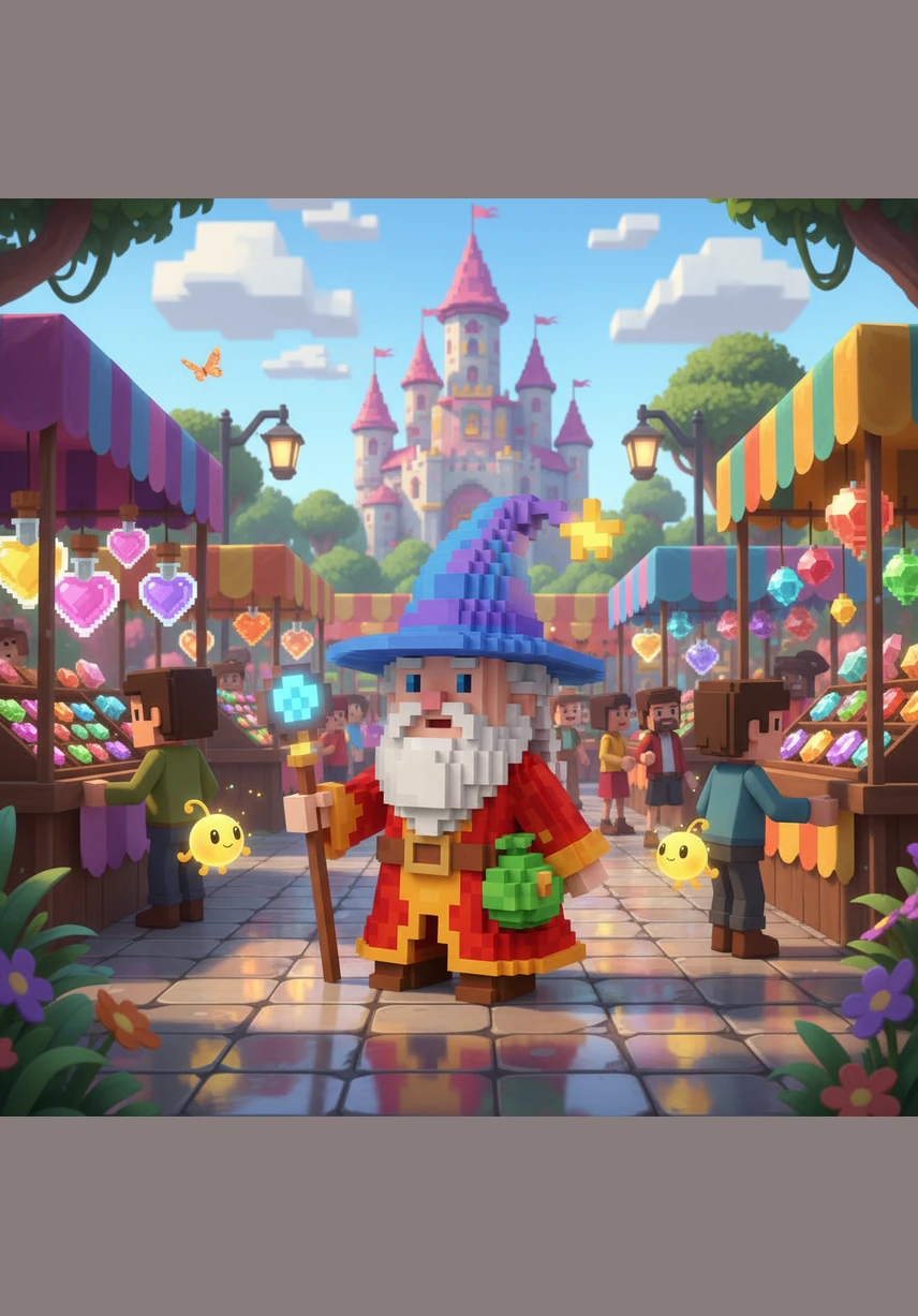 He walks through the Power-Up Plaza, where friendly robots sell glowing mushrooms and shimmering stars from wooden stalls. The ground beneath his feet clicks like plastic, and the sky is a perfect shade of digital blue with square clouds drifting by.