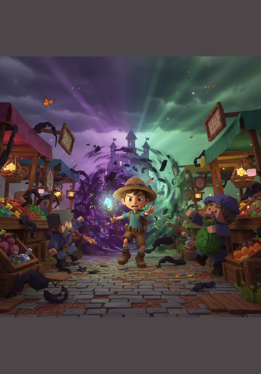 A dark shadow begins to creep across the market as a digital glitch starts to erase the vibrant colors. The vendors panic as the beautiful world begins to flicker and turn into gray static, threatening to delete everything.